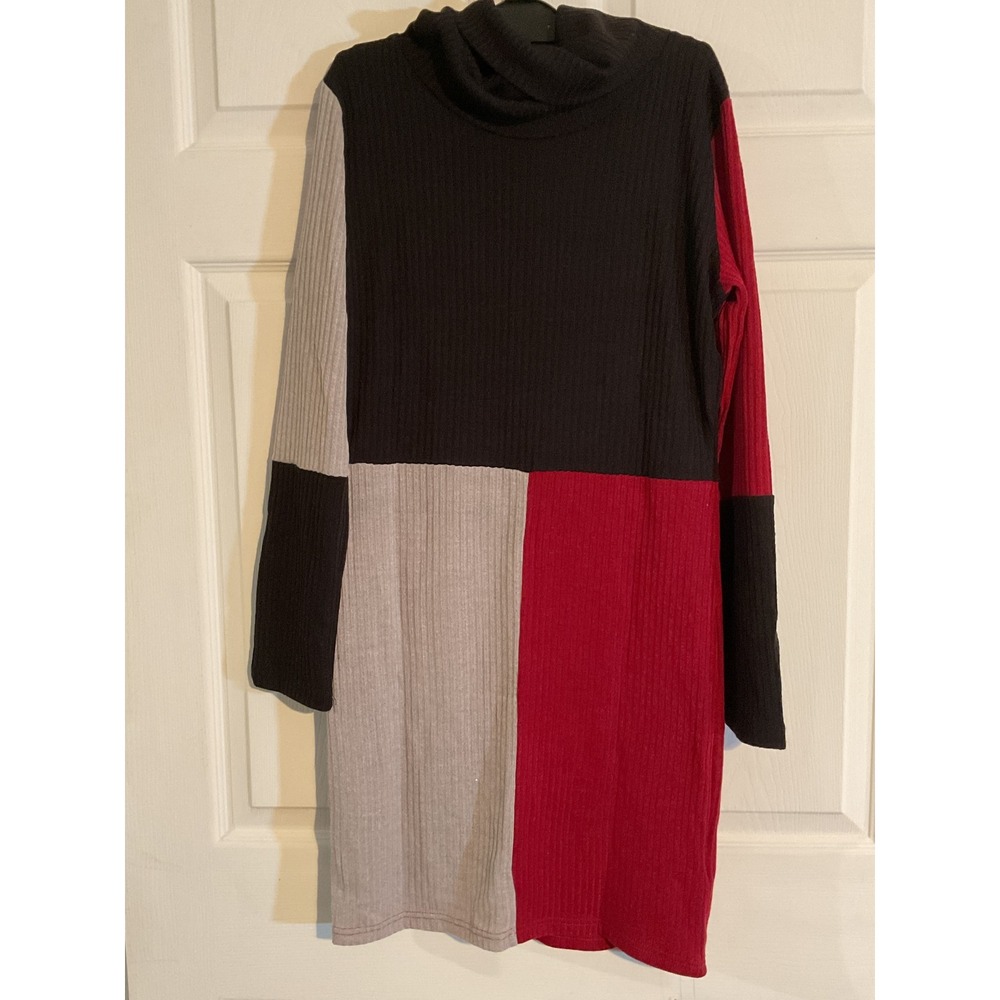 C.Cline Colorblock Ribbed Knit Turtleneck Sweater Dress Black Grey Red Large